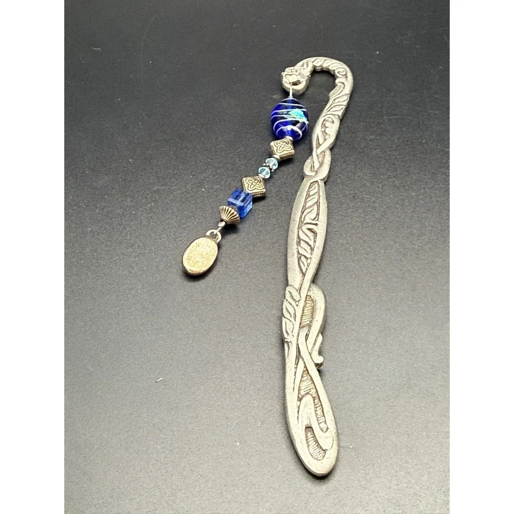 Silver Tone Celtic Scroll Shepherd Hook Bookmark Blue Glass Bead Inspire Charm